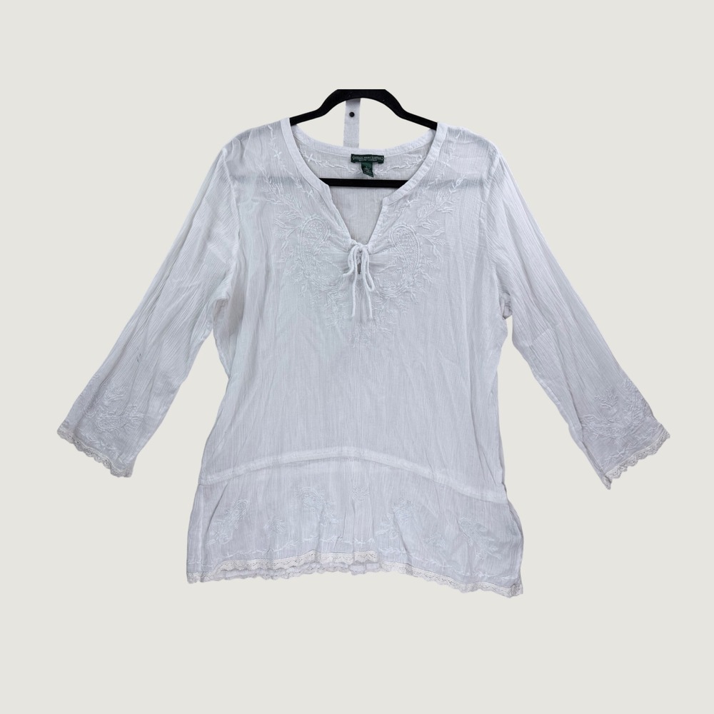 Lauren Ralph Lauren Peasant Blouse Womens L White Embroidered Cotton - Picture 2 of 10